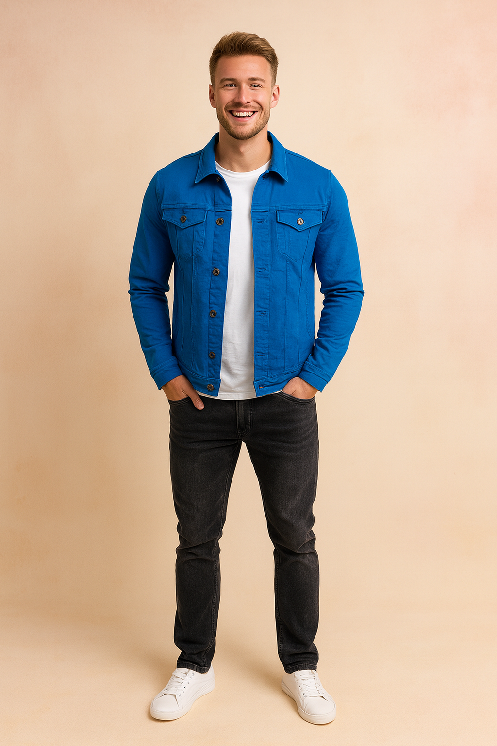 Men’s bright blue button-up denim jacket with chest flap pockets, paired with a white crewneck t-shirt, black slim-fit jeans, and white low-top sneakers.