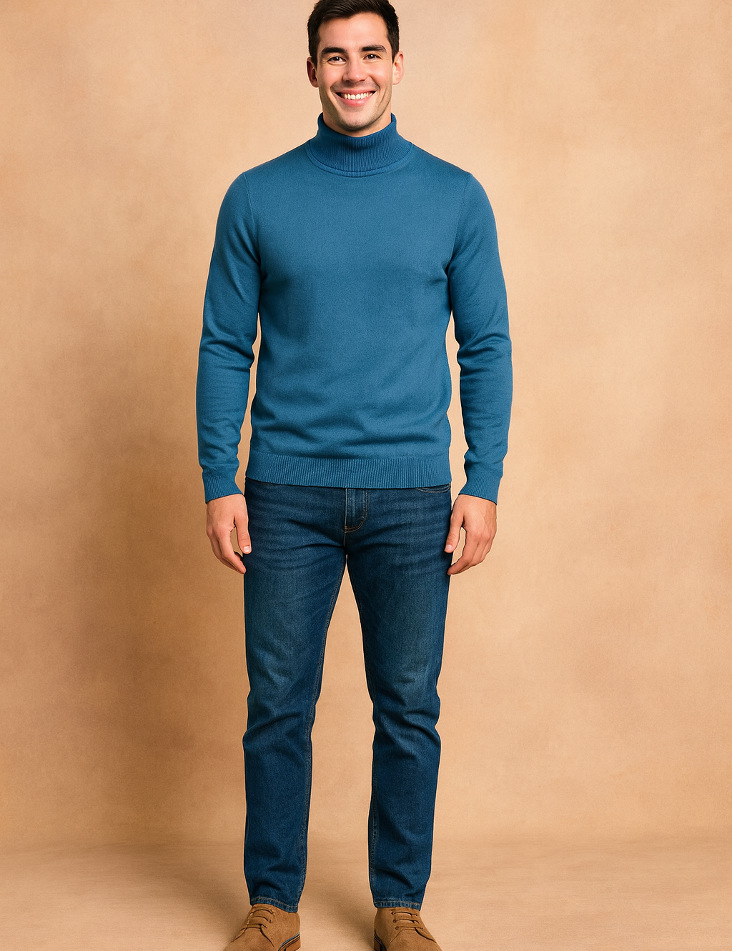 Stylish men’s blue turtleneck sweater with ribbed cuffs and hem, offering a modern slim fit and clean design. Perfect for smart-casual outfits, this sweater adds sophistication and comfort to any look.
