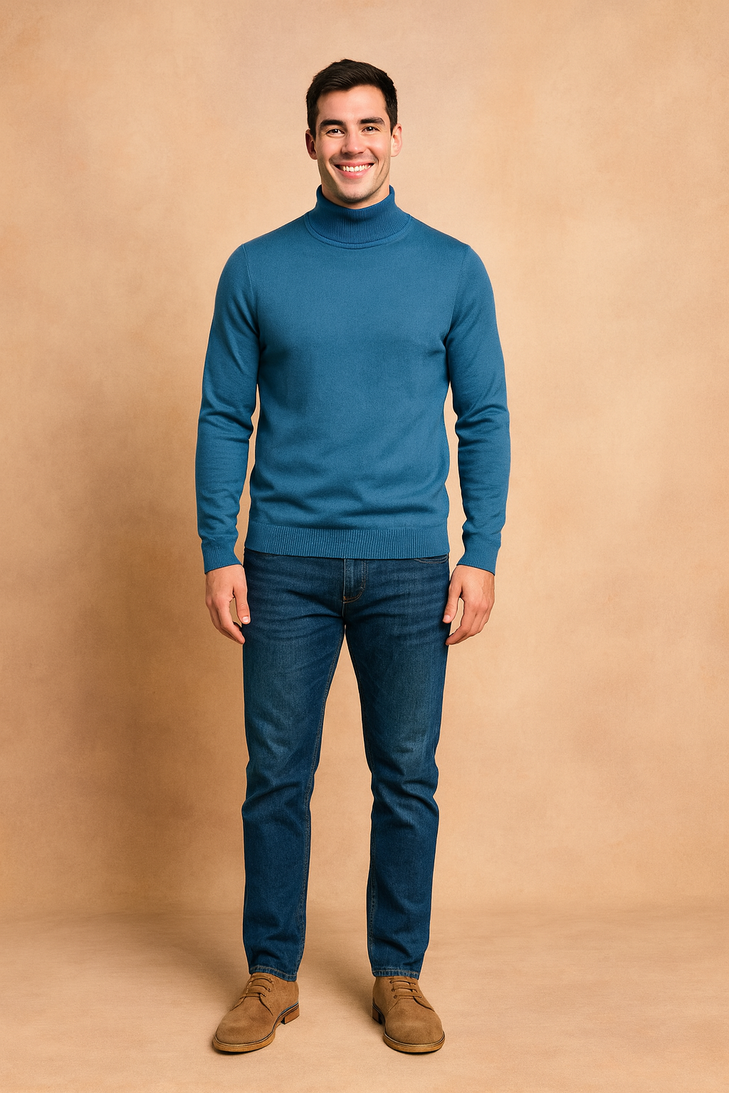 Stylish men’s blue turtleneck sweater with ribbed cuffs and hem, offering a modern slim fit and clean design. Perfect for smart-casual outfits, this sweater adds sophistication and comfort to any look.