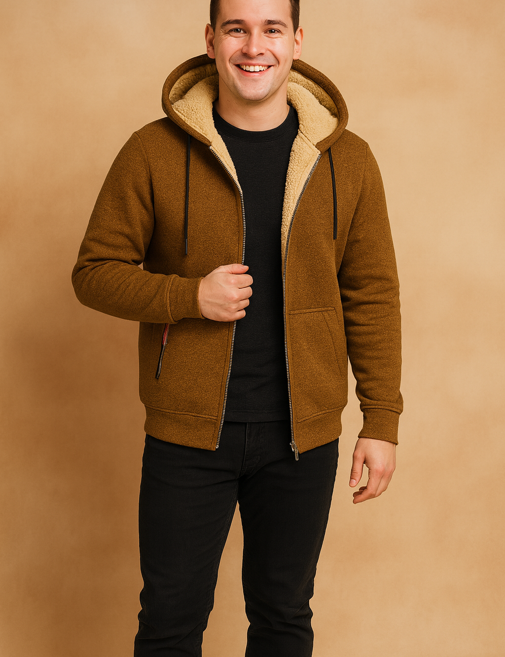 Men’s brown fleece-lined hoodie jacket with zip closure, drawstring hood, and plush beige interior for maximum warmth and comfort.