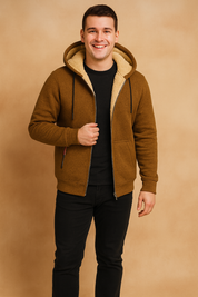 Men’s brown fleece-lined hoodie jacket with zip closure, drawstring hood, and plush beige interior for maximum warmth and comfort.