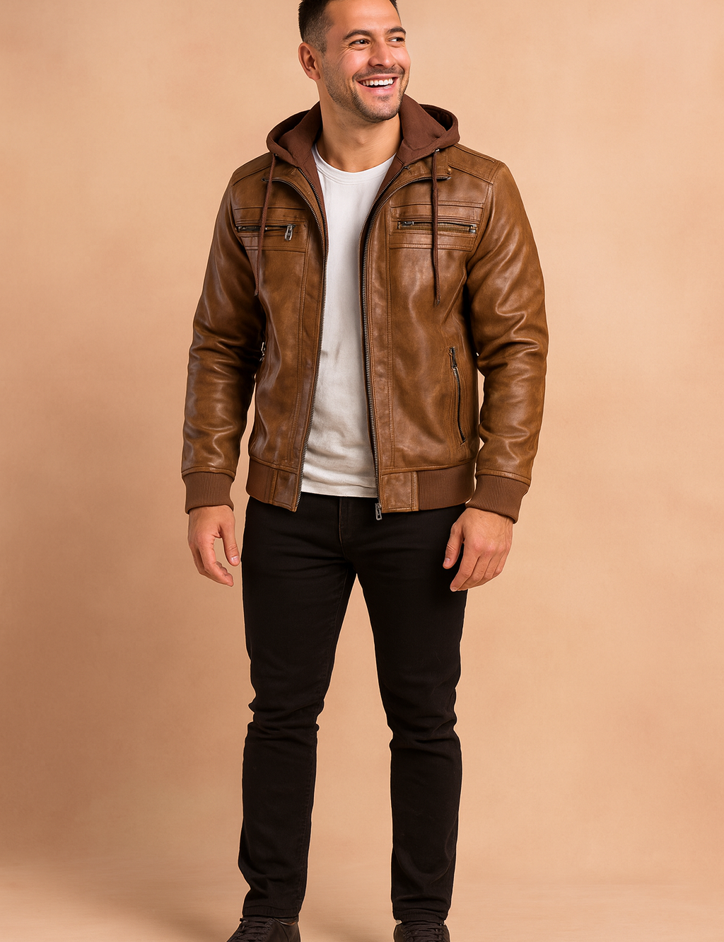 Men’s brown faux leather jacket with detachable hoodie, ribbed cuffs, zippered chest and side pockets, and casual slim-fit design.