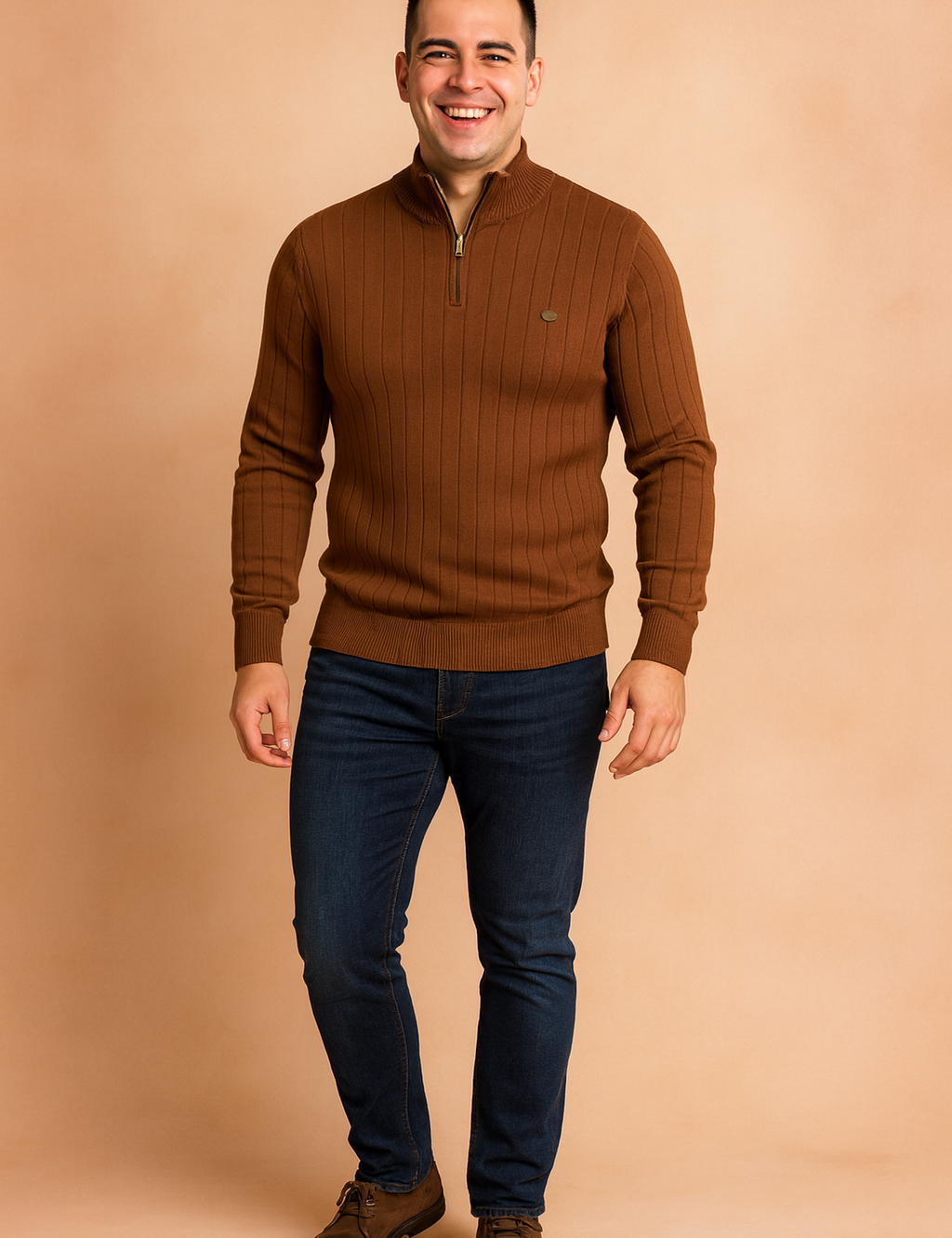 Men’s brown ribbed quarter-zip sweater with long sleeves and high collar, featuring vertical knit pattern for a sleek modern look.