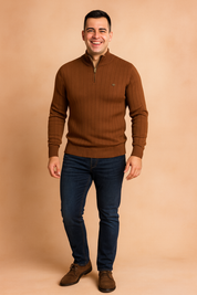 Men’s brown ribbed quarter-zip sweater with long sleeves and high collar, featuring vertical knit pattern for a sleek modern look.
