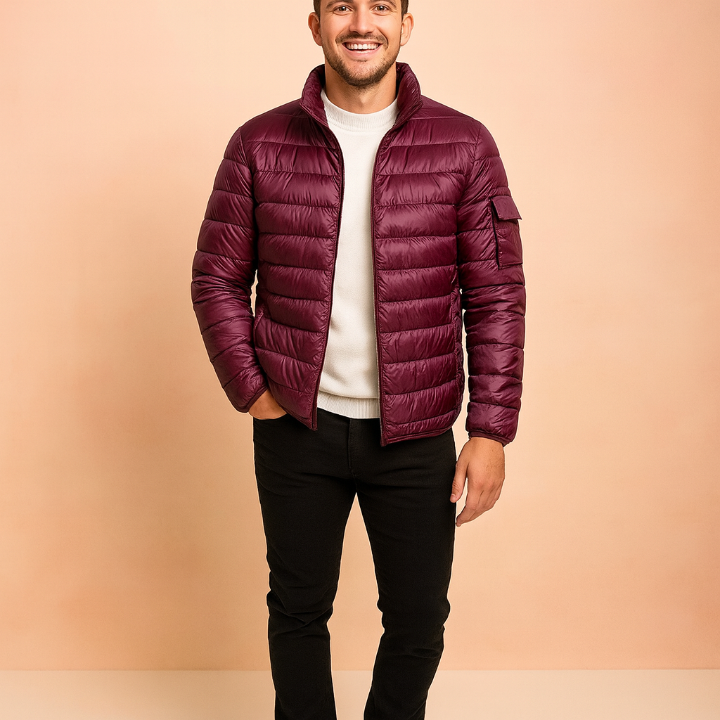 "Men’s lightweight burgundy puffer jacket with zip closure and horizontal quilted stitching, designed for casual winter wear and warmth."