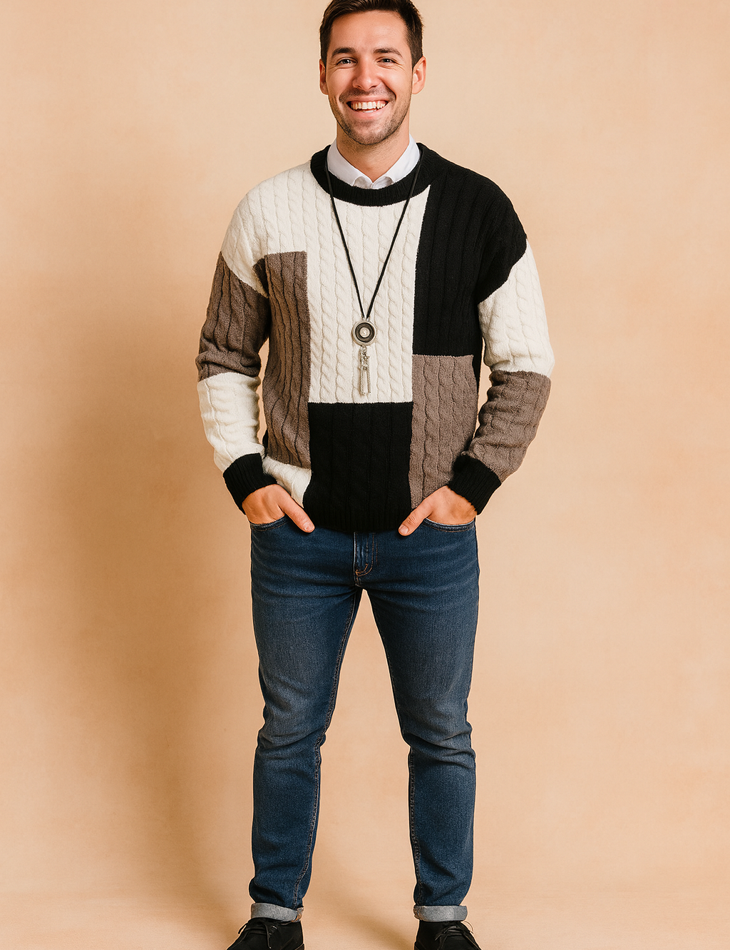 Men’s stylish knit sweater with cable pattern in black, white, and grey block design, modern long-sleeve pullover for casual and smart wear.