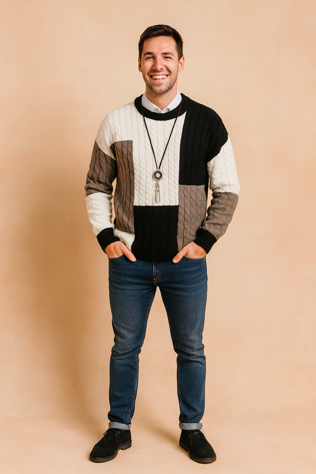 Men’s stylish knit sweater with cable pattern in black, white, and grey block design, modern long-sleeve pullover for casual and smart wear.