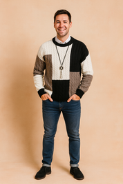 Men’s stylish knit sweater with cable pattern in black, white, and grey block design, modern long-sleeve pullover for casual and smart wear.