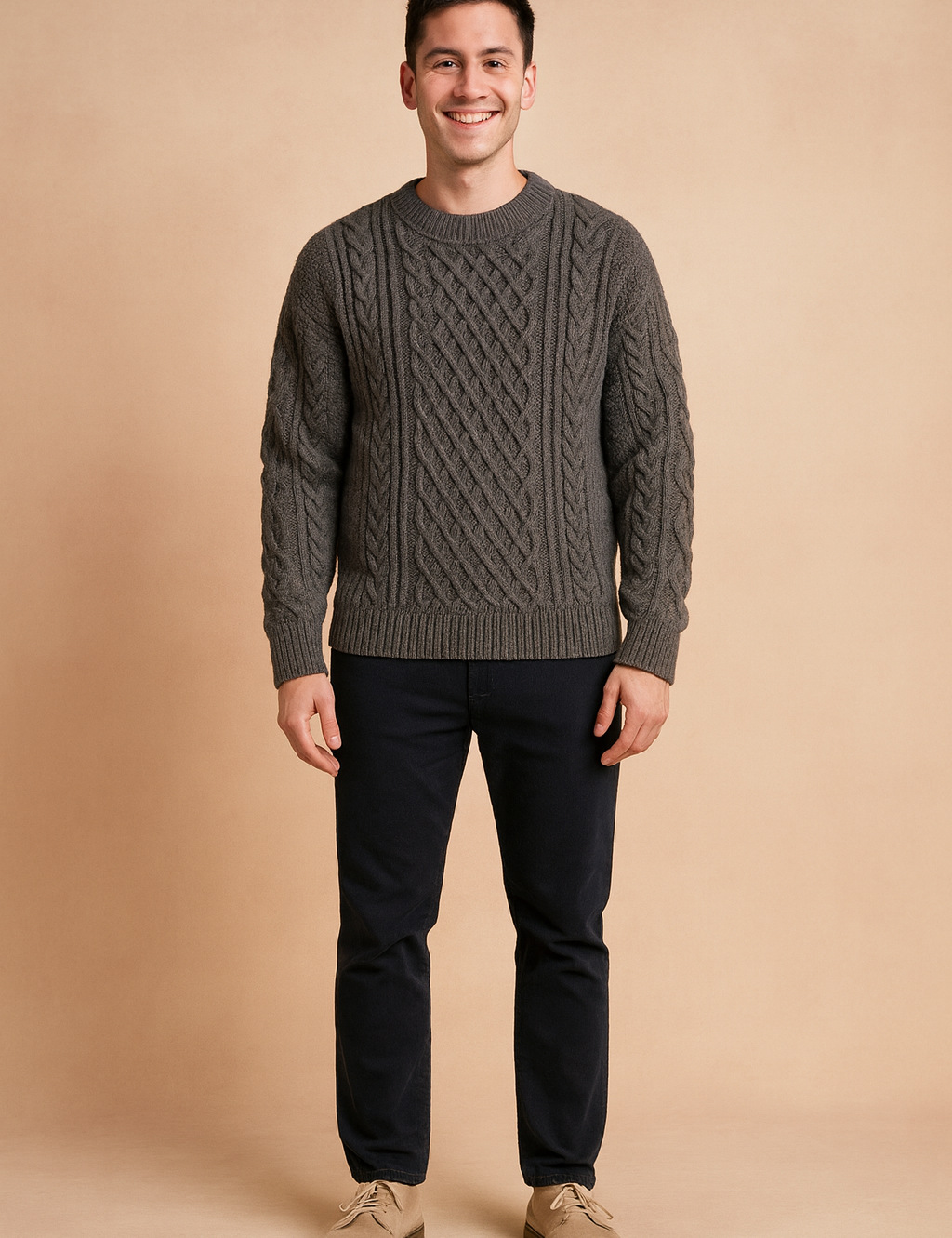 Charcoal gray cable-knit sweater for men with intricate diamond and braided patterns, designed for a stylish winter look.