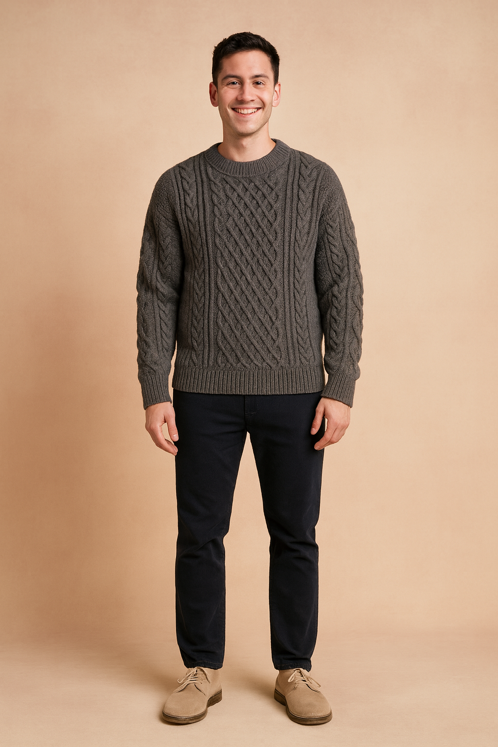 Charcoal gray cable-knit sweater for men with intricate diamond and braided patterns, designed for a stylish winter look.