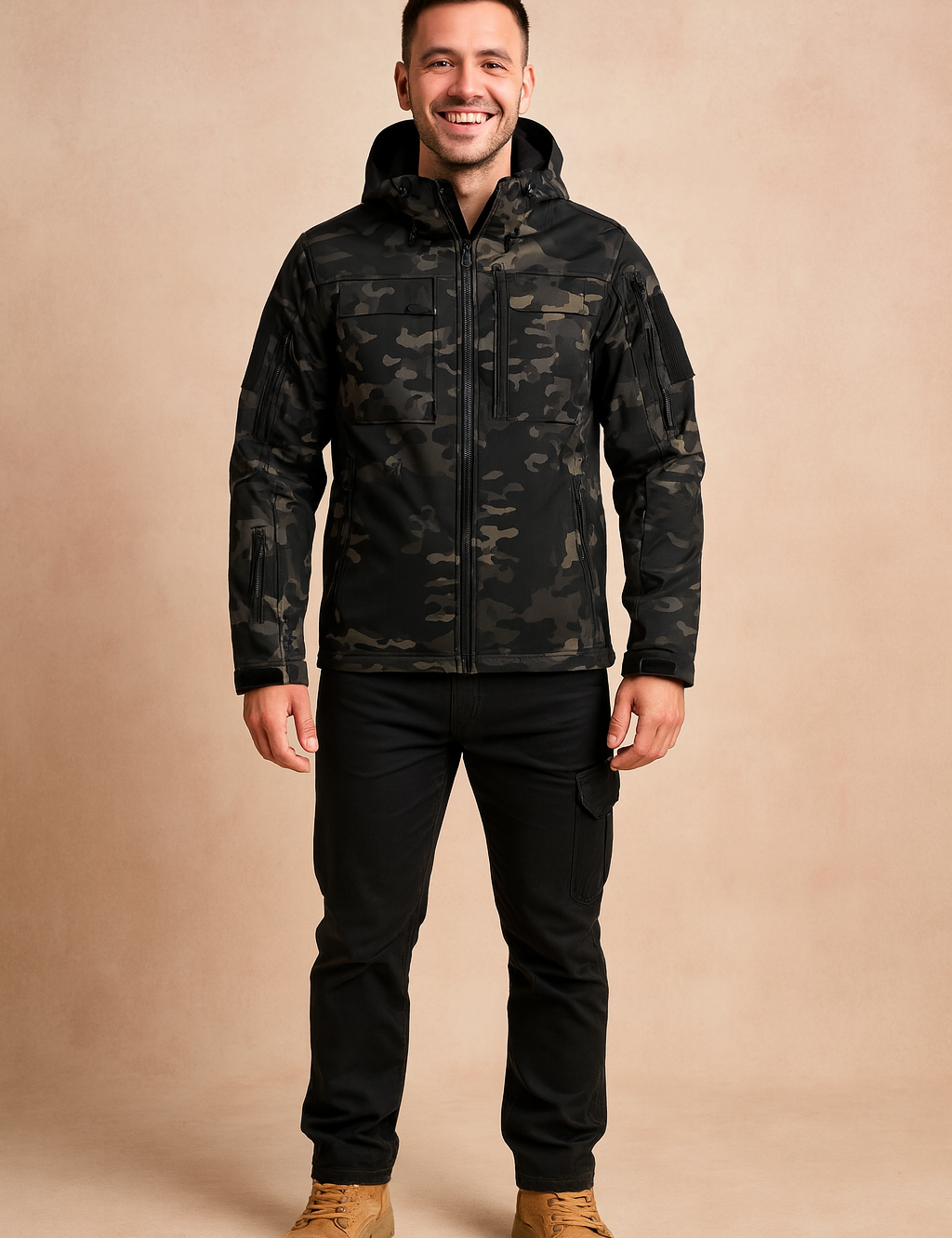 Men’s camouflage softshell jacket with multiple zippered pockets, adjustable hood, and full front zipper closure, styled for outdoor wear.