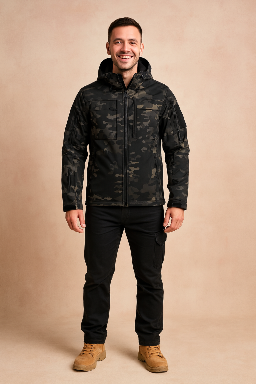 Men’s camouflage softshell jacket with multiple zippered pockets, adjustable hood, and full front zipper closure, styled for outdoor wear.