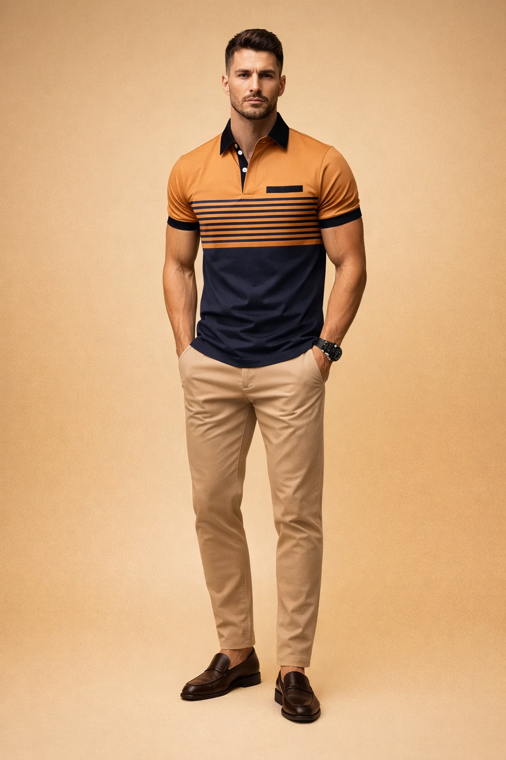 Mens short sleeve polo shirt featuring a caramel brown upper panel with black collar and placket, fine horizontal navy stripes across the chest, solid navy lower body, black sleeve cuffs, and a modern slim fit design in smooth stretch fabric