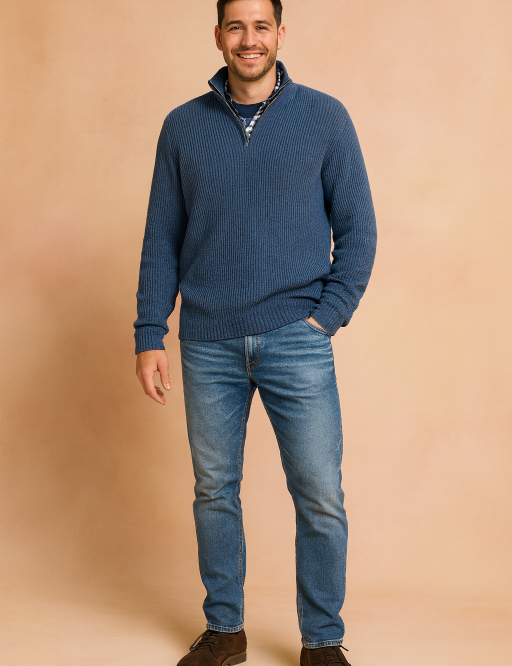 Men’s casual ribbed knit quarter-zip sweater in deep blue, styled with layered plaid shirt and denim jeans for a relaxed yet polished look.