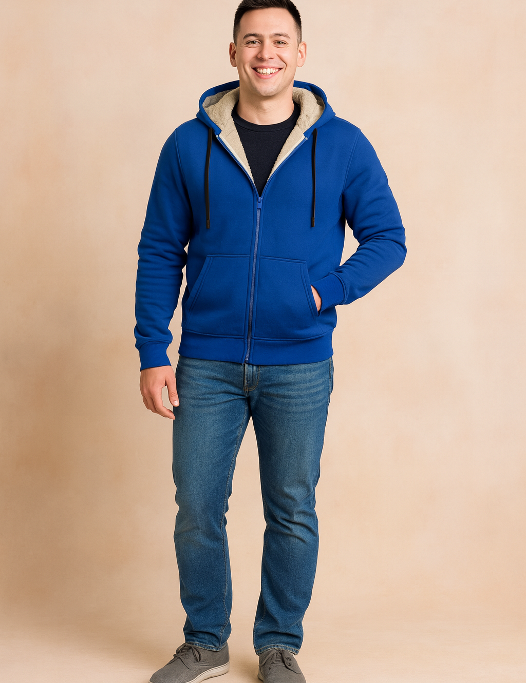 Men's casual winter hoodie in royal blue with cream fleece lining, full zip closure, adjustable drawstring hood, and ribbed cuffs, designed for comfort and warmth.