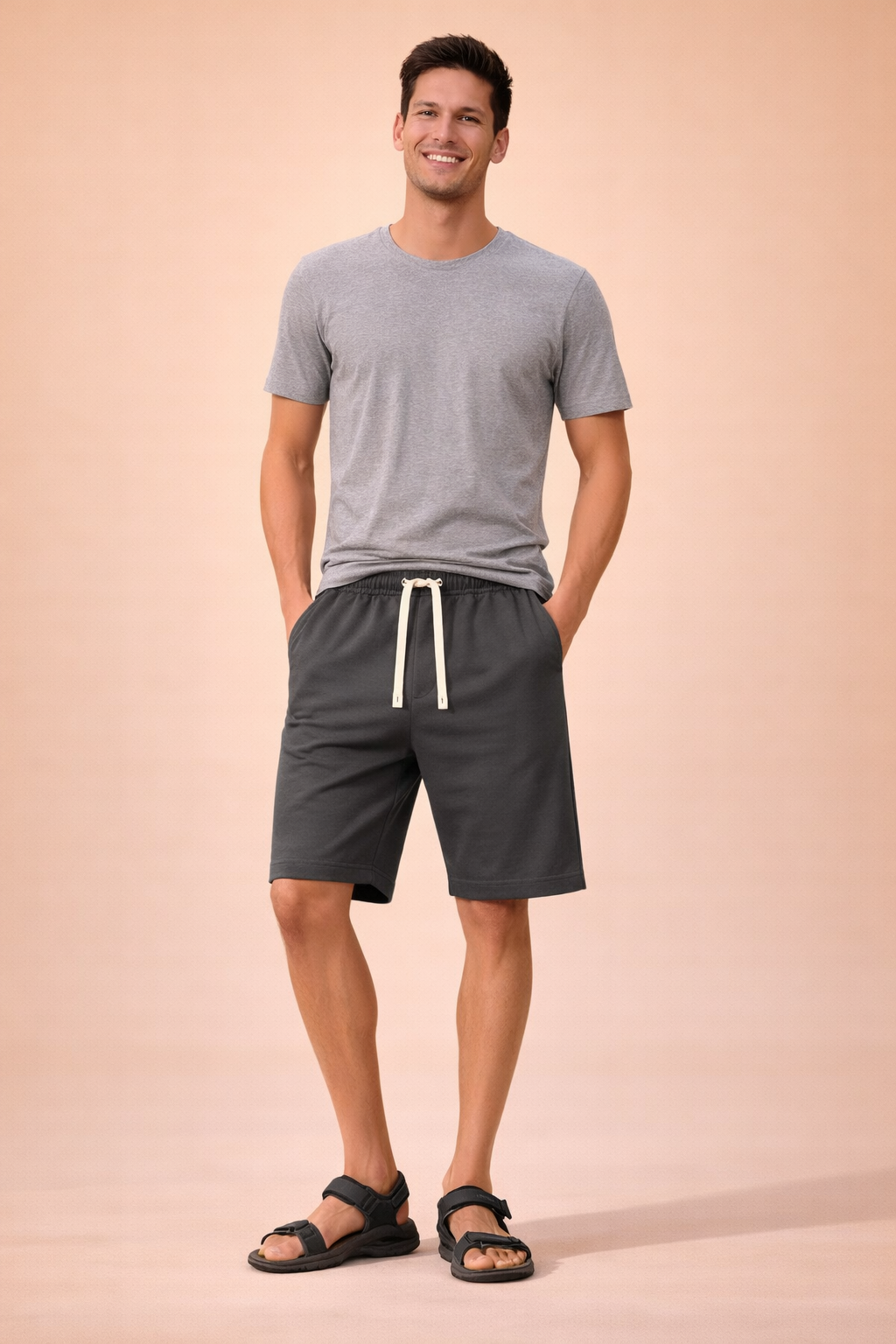 Men’s cotton drawstring shorts in solid gray with smooth uniform fabric texture, elastic waistband with matching cream drawstring, relaxed above-knee length, curved side pockets, clean stitched hems, and minimalist casual sporty fit.