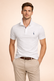 Men’s short-sleeve polo top with a clean structured collar, two-button placket, smooth fitted silhouette, and a small embroidered chest motif for a refined everyday look