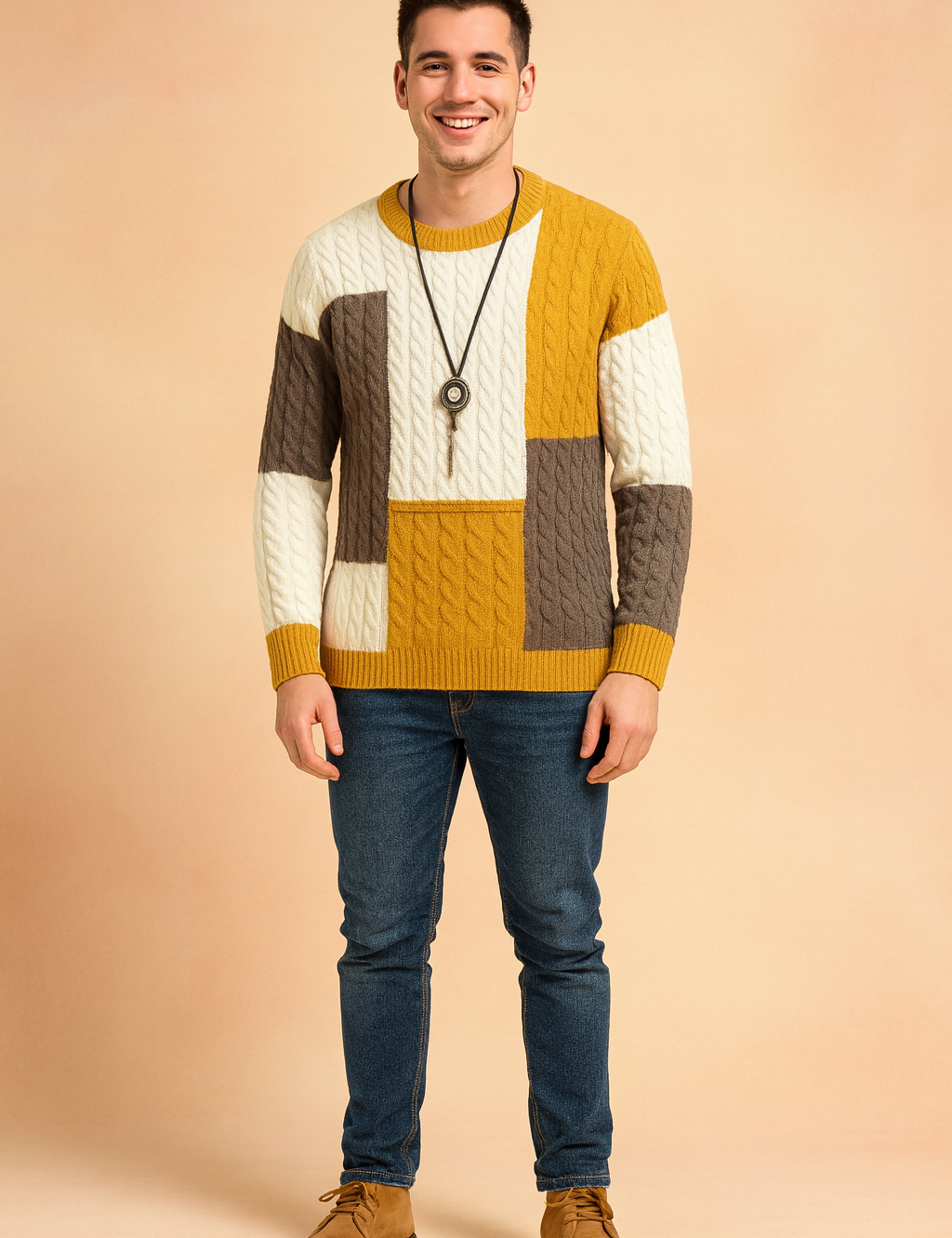 Men’s cable knit color block sweater in mustard yellow, white, and grey with ribbed cuffs and hem, modern patchwork design for stylish winter wear