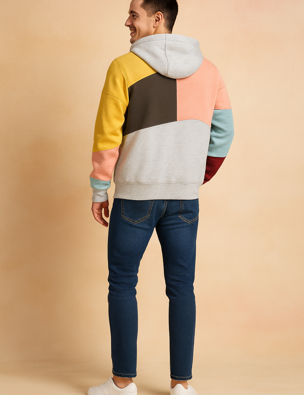 Men’s casual color-block hoodie with multicolor panel design in yellow, brown, pink, teal, red, and grey, featuring a relaxed fit, ribbed cuffs, and soft fabric texture for a trendy streetwear look.