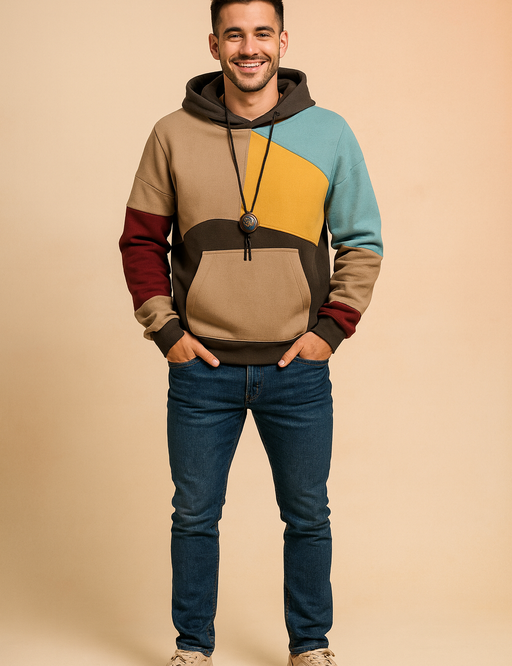 Men’s casual color-block hoodie with kangaroo pocket and adjustable drawstrings, designed with vibrant geometric panels in beige, yellow, red, blue, and black for a bold streetwear style