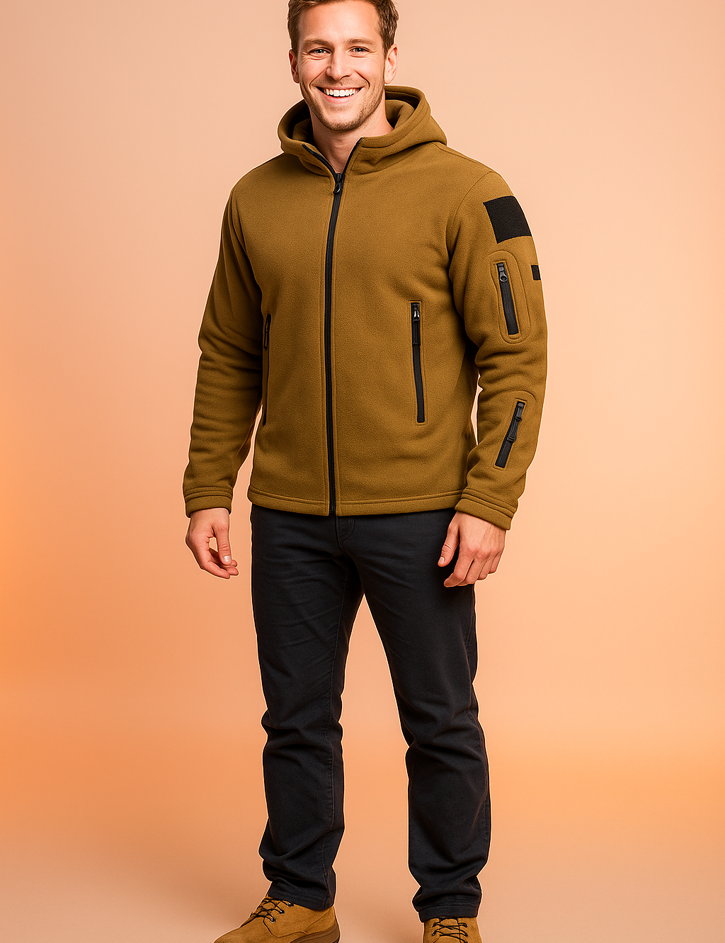 Men’s coyote brown fleece jacket with hood, full front zipper, multiple zippered utility pockets, and black fabric patch detailing