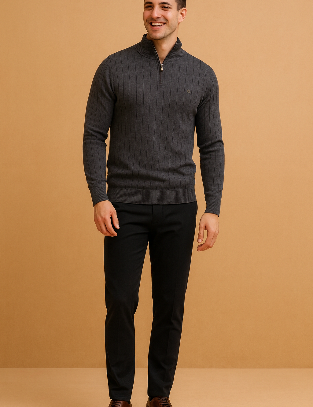 Men’s slim fit dark gray ribbed knit pullover with half-zip stand collar and long sleeves, designed with vertical textured lines for a modern and elegant style