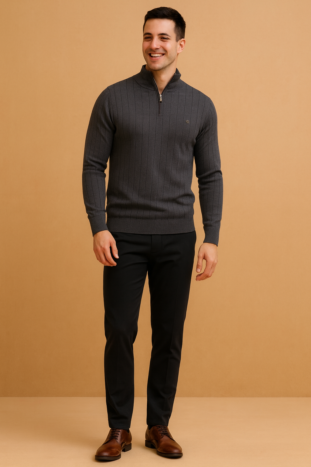 Men’s slim fit dark gray ribbed knit pullover with half-zip stand collar and long sleeves, designed with vertical textured lines for a modern and elegant style
