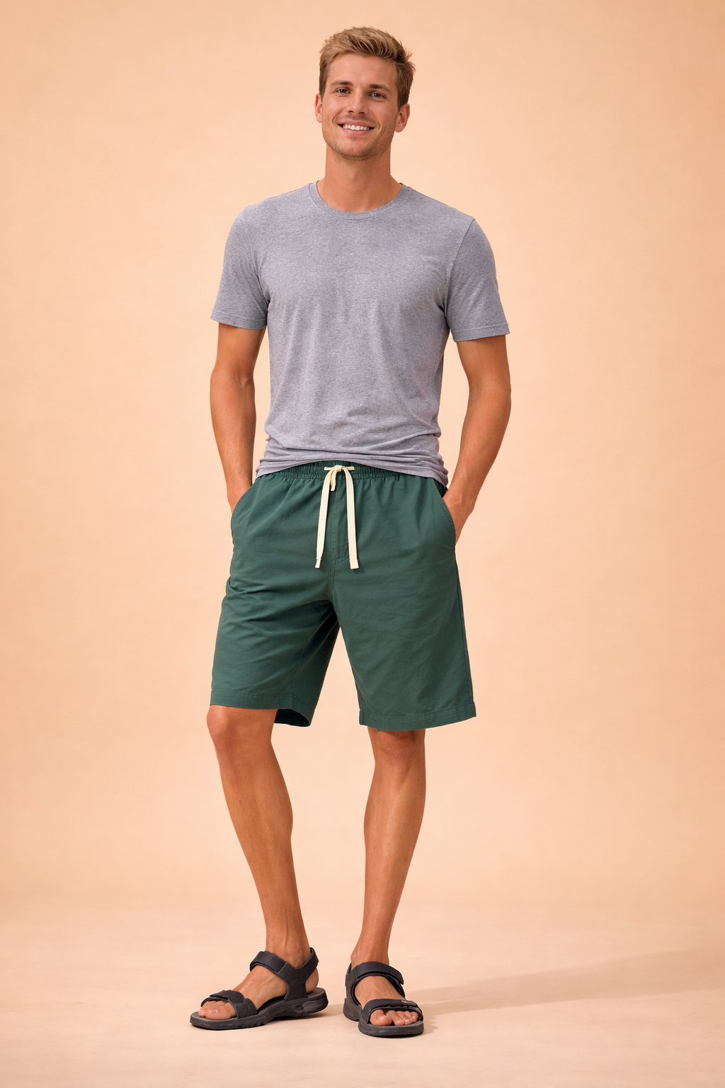Men’s cotton drawstring shorts in deep forest green with smooth solid fabric texture, elastic waistband with matching cream drawstring, relaxed above-knee length, curved side pocket design, clean stitched hems, and casual sporty fit.