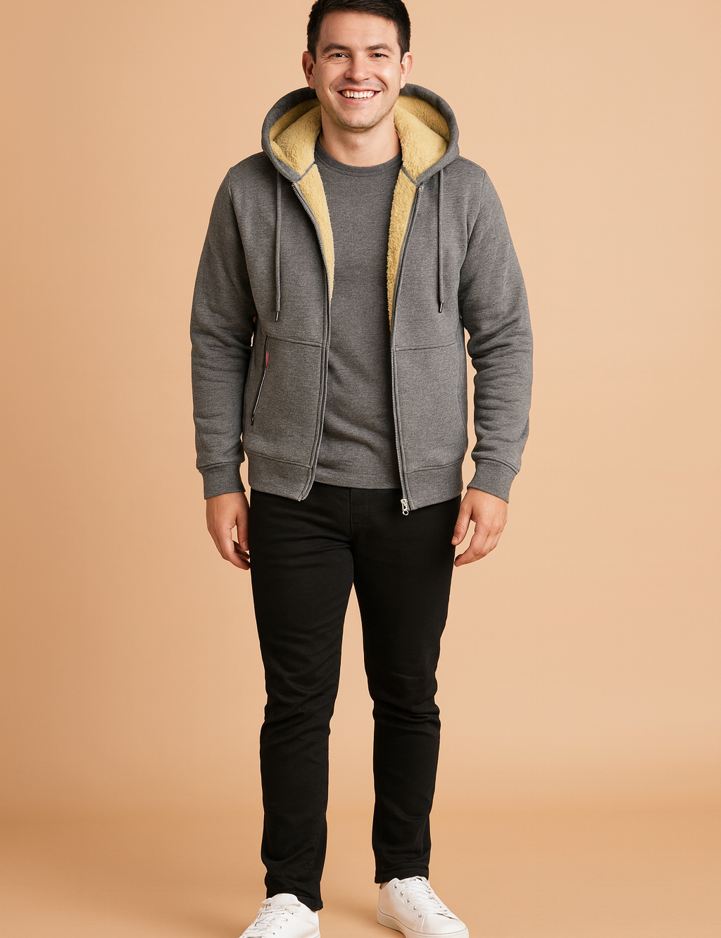 Men’s gray fleece-lined hoodie with beige faux fur interior, featuring a zip-up front, drawstring hood, and ribbed cuffs for casual winter wear.