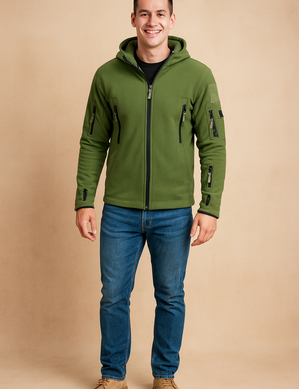 Men's tactical fleece jacket in army green with multiple zippered pockets and thumbhole cuffs, designed for outdoor activities and casual wear.