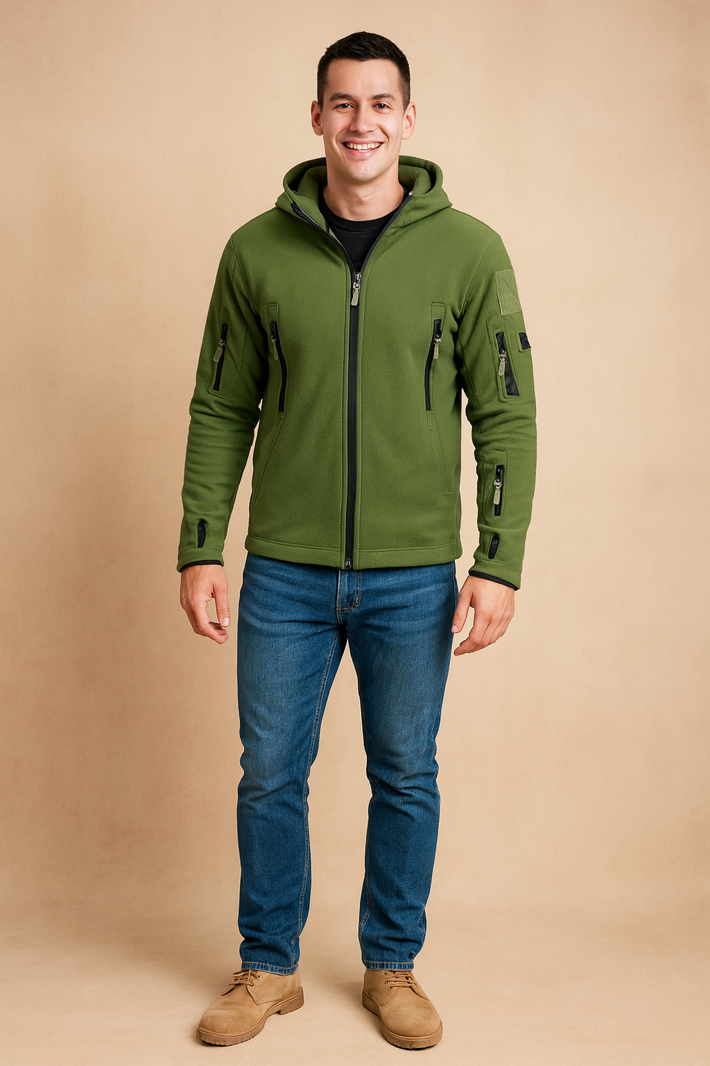 Men's tactical fleece jacket in army green with multiple zippered pockets and thumbhole cuffs, designed for outdoor activities and casual wear.
