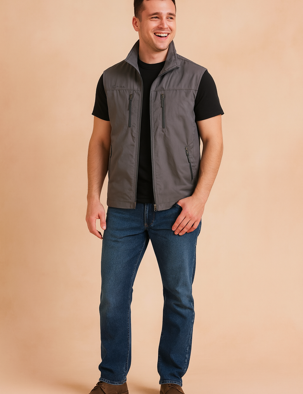 Stylish men's grey outdoor vest with multiple zipper pockets, designed for casual wear and functional layering.