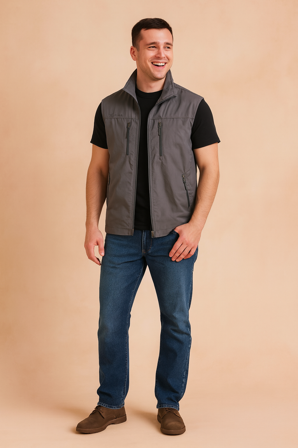 Stylish men's grey outdoor vest with multiple zipper pockets, designed for casual wear and functional layering.