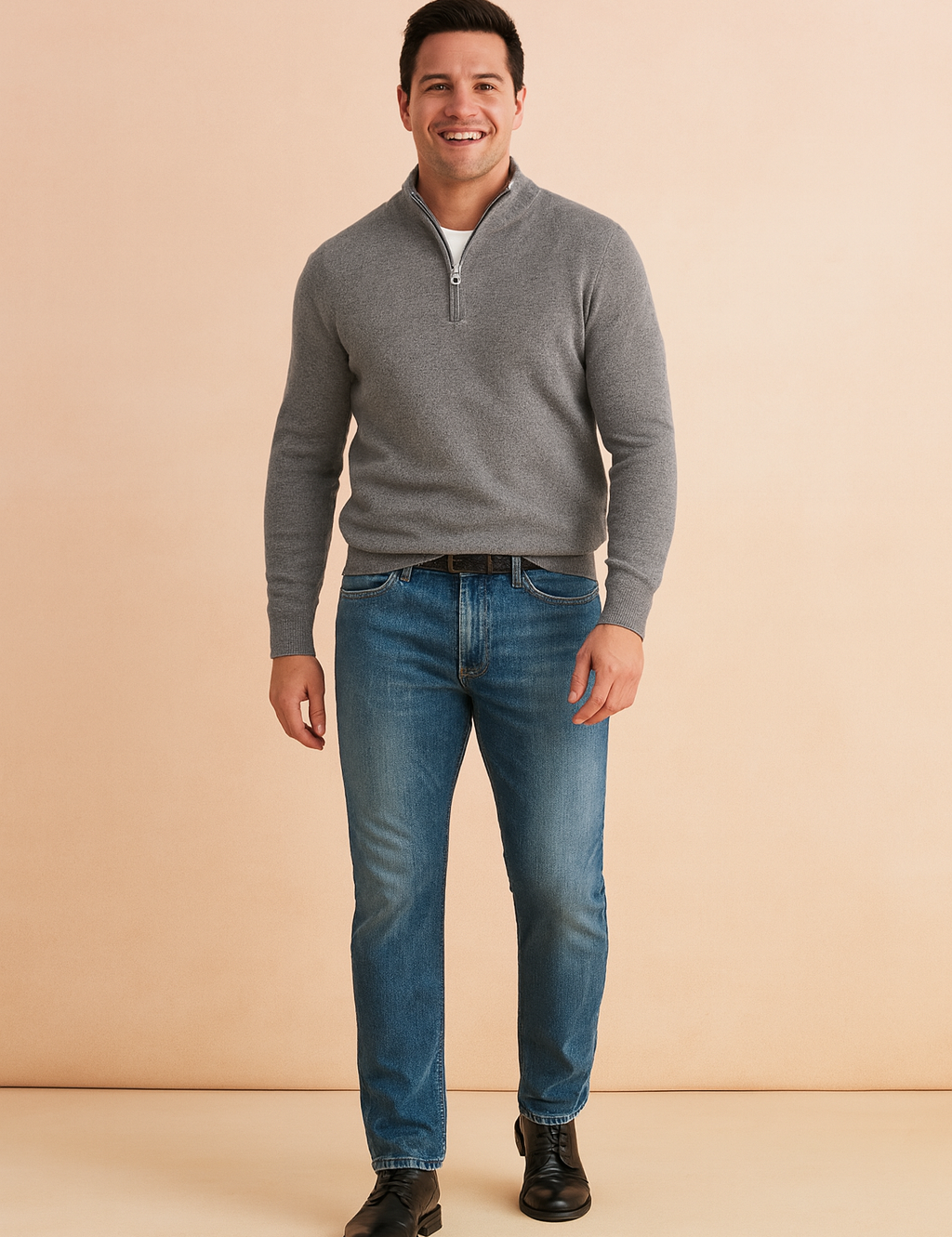 Men’s heather gray half-zip pullover paired with classic medium-blue jeans, designed with subtle ribbed texture and clean tailoring for a modern casual style.