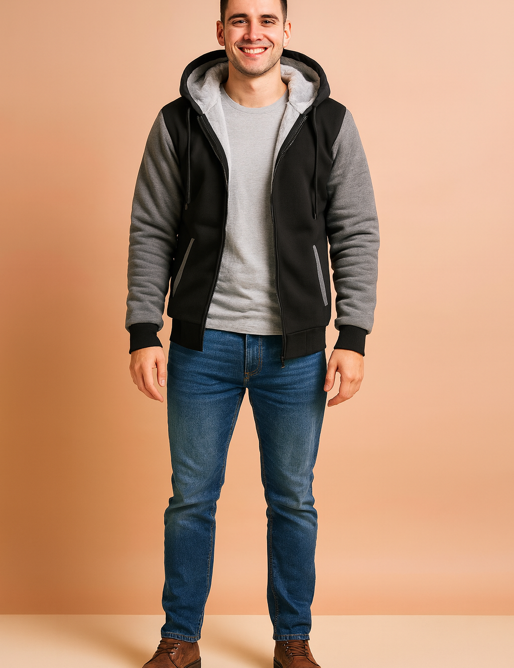 Men’s hooded fleece-lined winter jacket with black body and grey sleeves, featuring a full zip closure, ribbed cuffs, and soft plush interior for warmth and comfort.