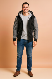 Men’s hooded fleece-lined winter jacket with black body and grey sleeves, featuring a full zip closure, ribbed cuffs, and soft plush interior for warmth and comfort.