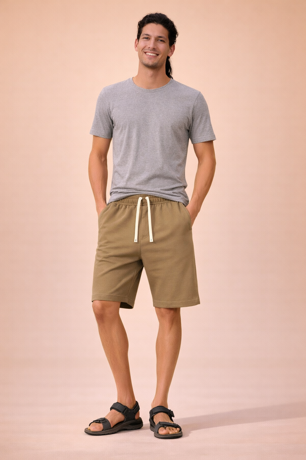 Men’s cotton drawstring shorts in solid khaki beige with smooth uniform fabric texture, elastic waistband with matching cream drawstring, relaxed above-knee length, curved side pocket construction, clean stitched hems, and casual sporty fit.
