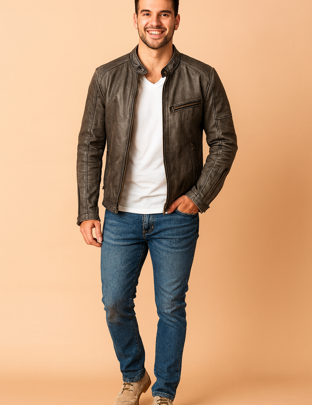 Dark gray leather biker jacket with zippered chest and side pockets, snap button collar, and detailed stitching, paired with a white T-shirt and slim blue jeans.