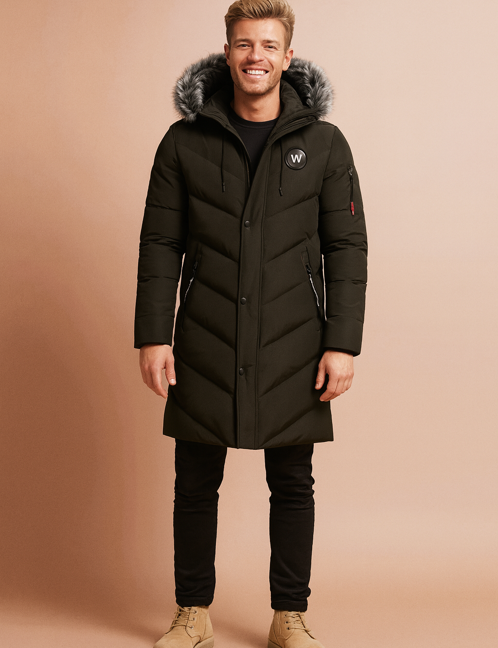 Men’s long dark olive winter parka with faux fur hood trim, front button closure, zippered pockets, and padded quilted design for cold weather protection.