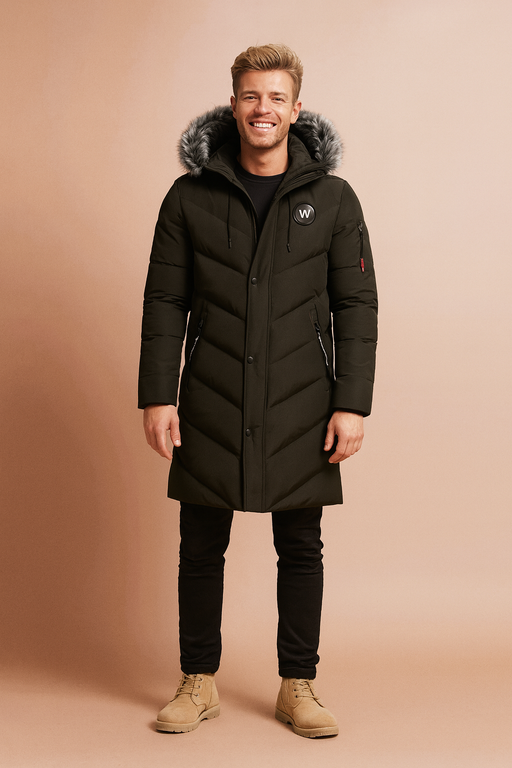 Men’s long dark olive winter parka with faux fur hood trim, front button closure, zippered pockets, and padded quilted design for cold weather protection.