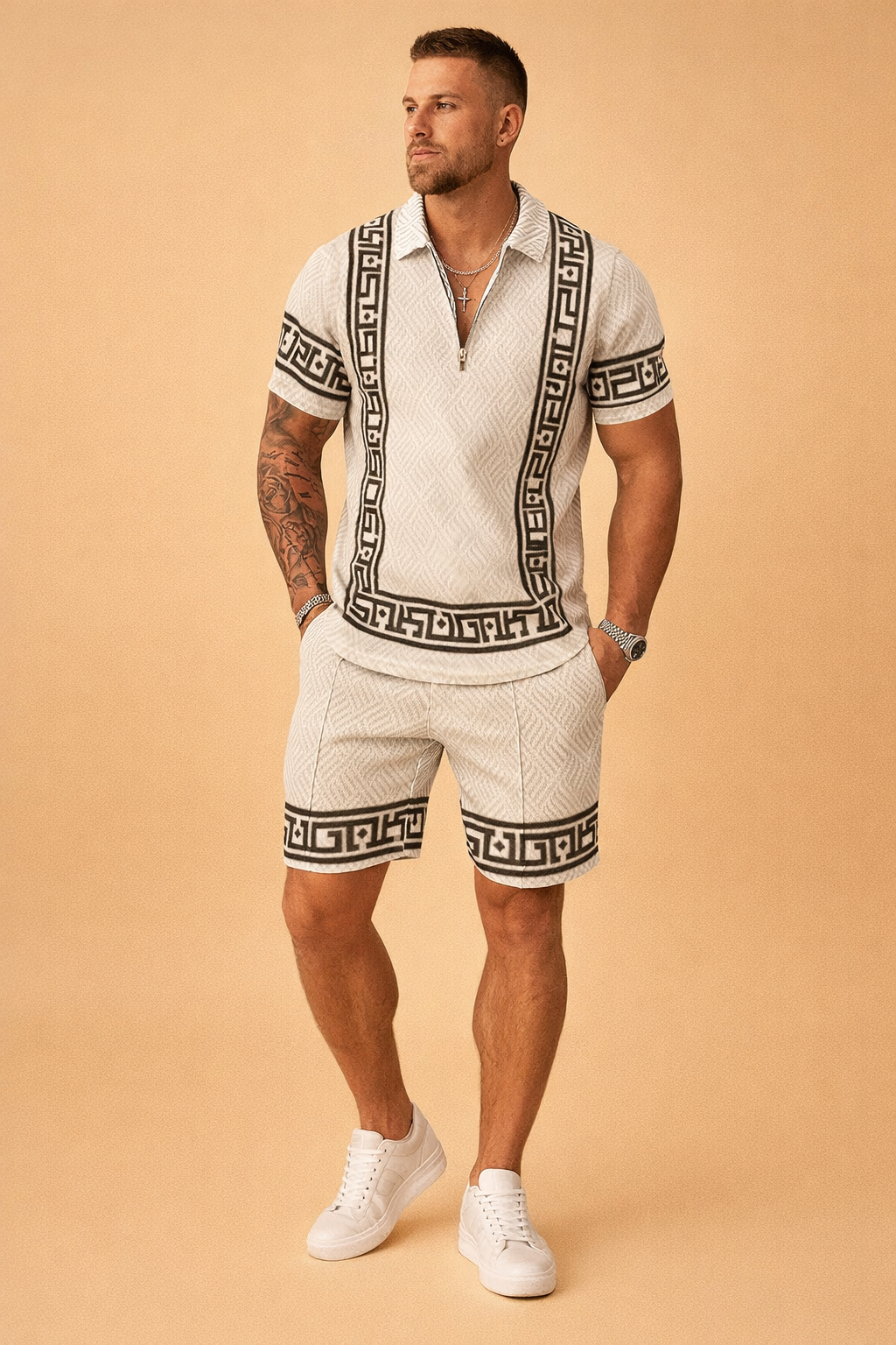Men’s luxury summer matching set featuring a short sleeve zip polo shirt and tailored shorts in a light off white geometric woven fabric with black Greek key trim accents, crafted with a textured pattern, structured collar, front zipper detail, and coordinated patterned shorts for a refined modern resort look.
