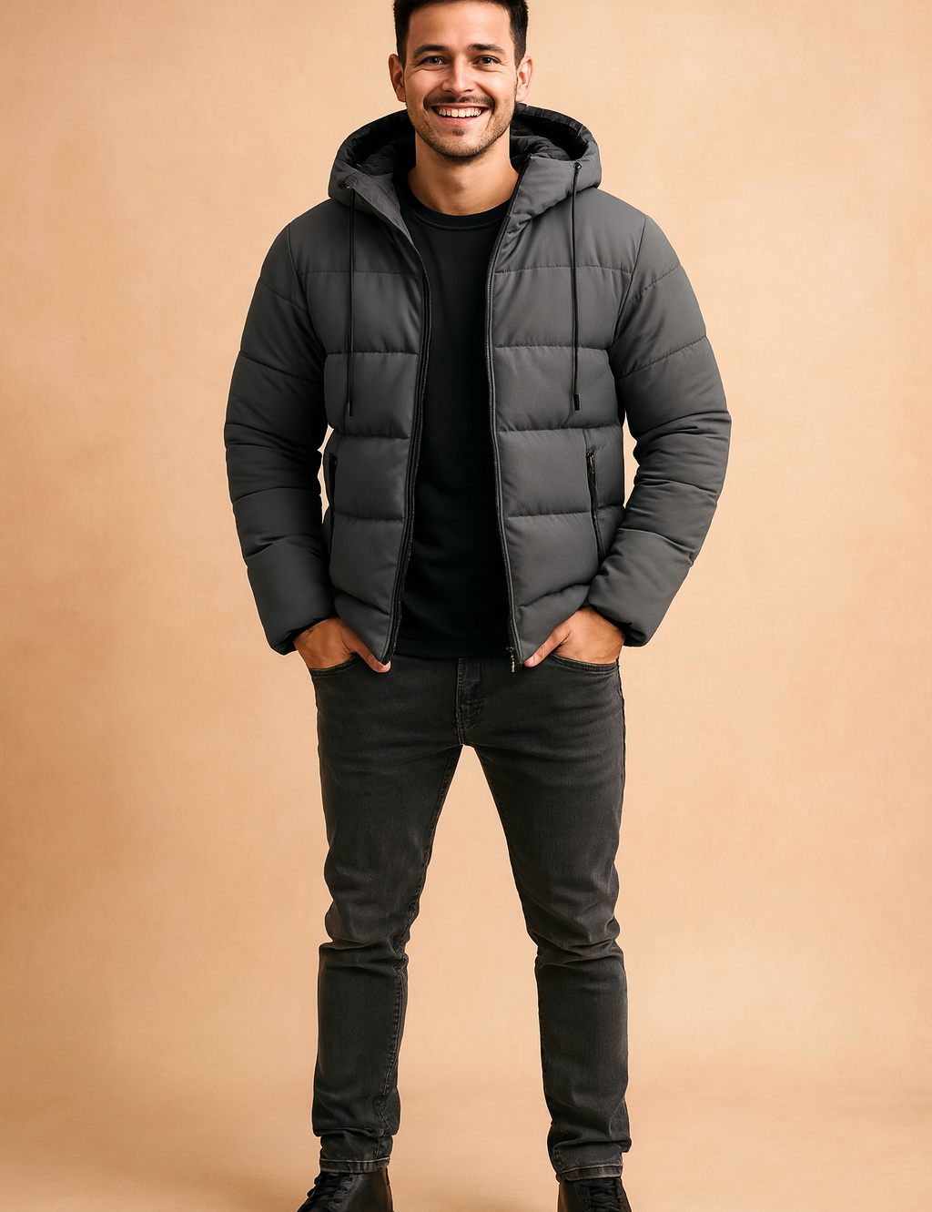 Men’s matte gray puffer jacket with hood, full front zipper, horizontal quilted padding, and side zip pockets — designed for warmth and casual urban style.