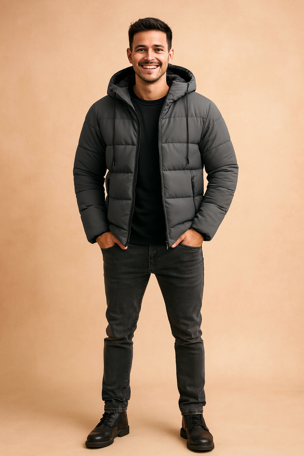 Men’s matte gray puffer jacket with hood, full front zipper, horizontal quilted padding, and side zip pockets — designed for warmth and casual urban style.