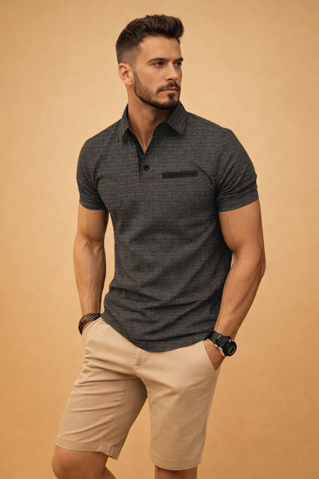Modern short-sleeve polo top with subtle textured pattern, clean button placket, structured collar, and tailored beige knee-length shorts styled in a refined smart-casual men’s outfit.