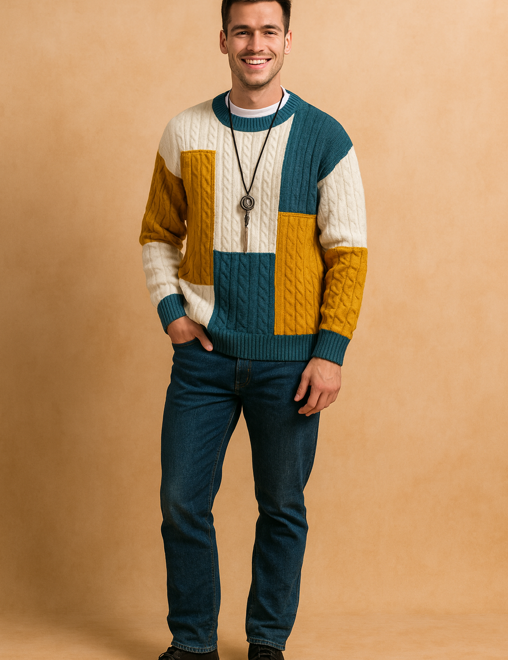 Men’s multicolor block cable knit sweater with teal, mustard, and white panels, featuring a classic crew neck and textured knit pattern for a stylish and cozy winter look.