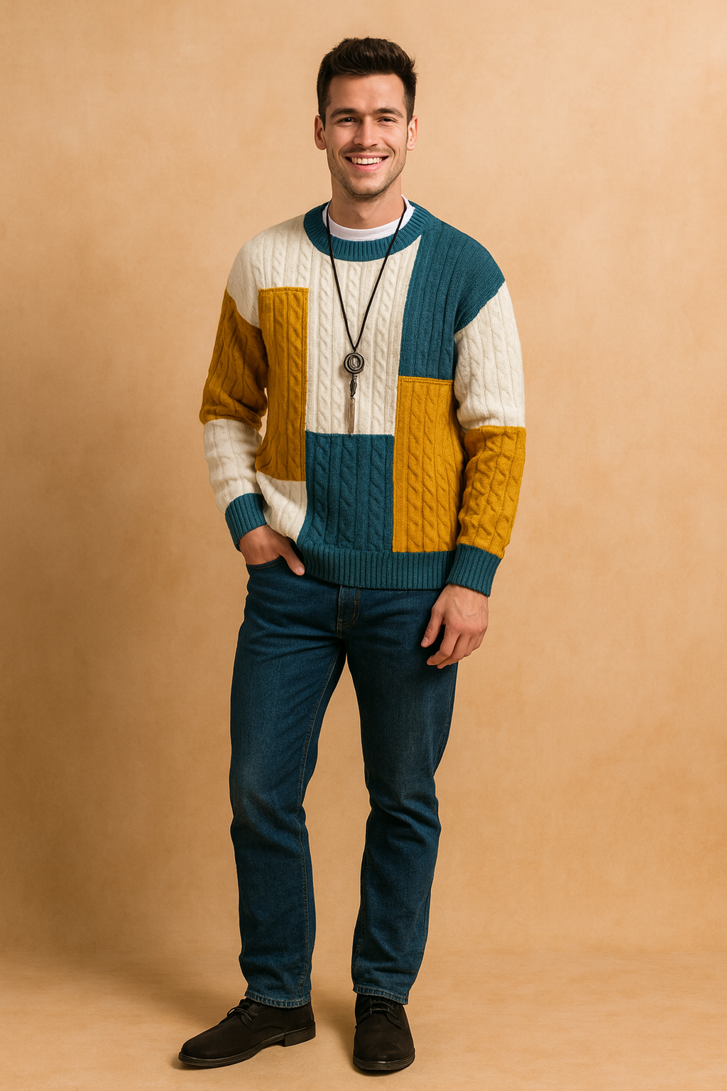 Men’s multicolor block cable knit sweater with teal, mustard, and white panels, featuring a classic crew neck and textured knit pattern for a stylish and cozy winter look.