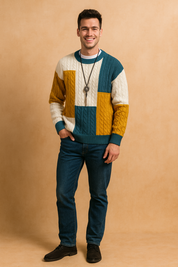 Men’s multicolor block cable knit sweater with teal, mustard, and white panels, featuring a classic crew neck and textured knit pattern for a stylish and cozy winter look.