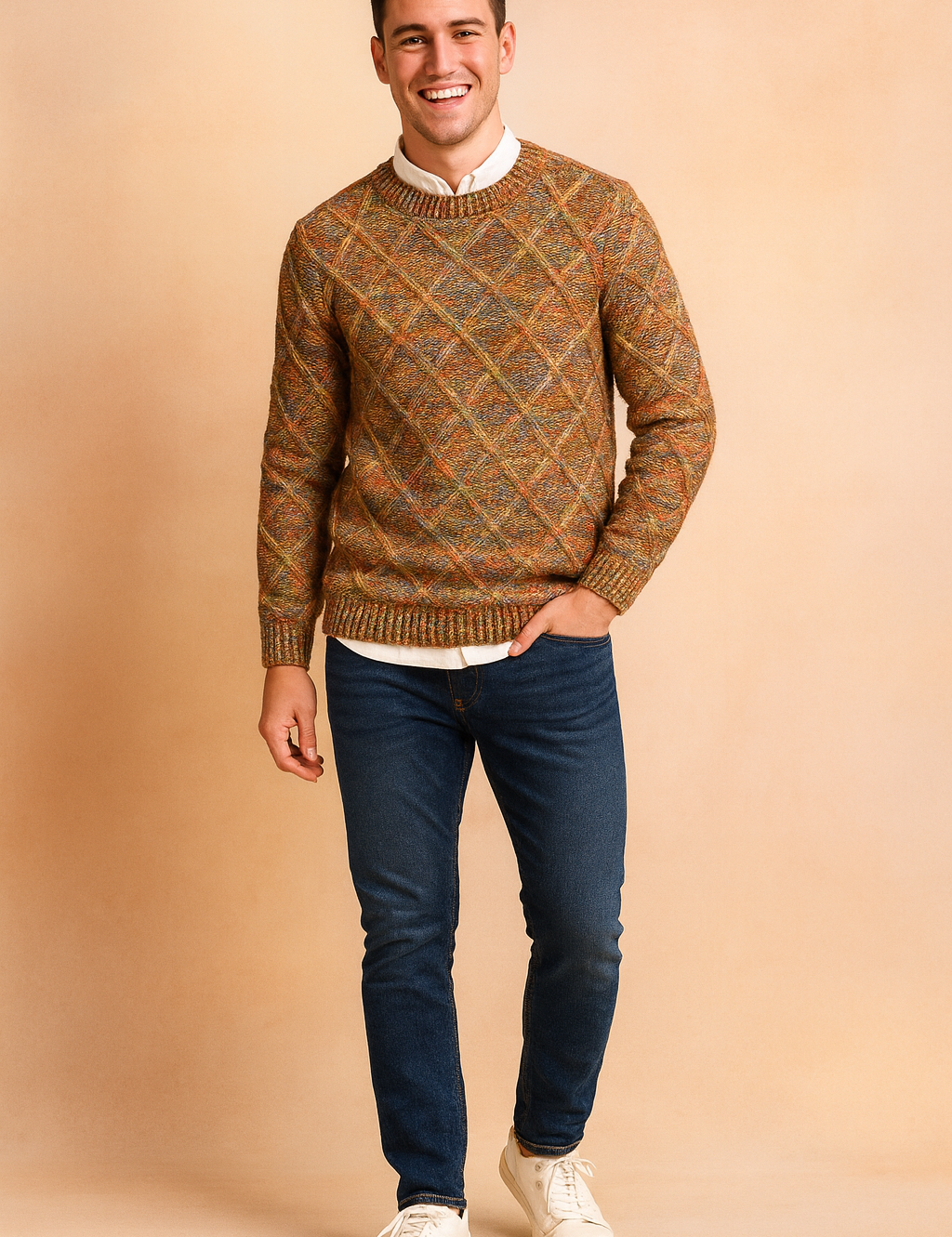 Men’s knitted sweater with multicolor diamond pattern, featuring warm orange, yellow, and earthy tones in a textured weave for a stylish and cozy autumn-winter look