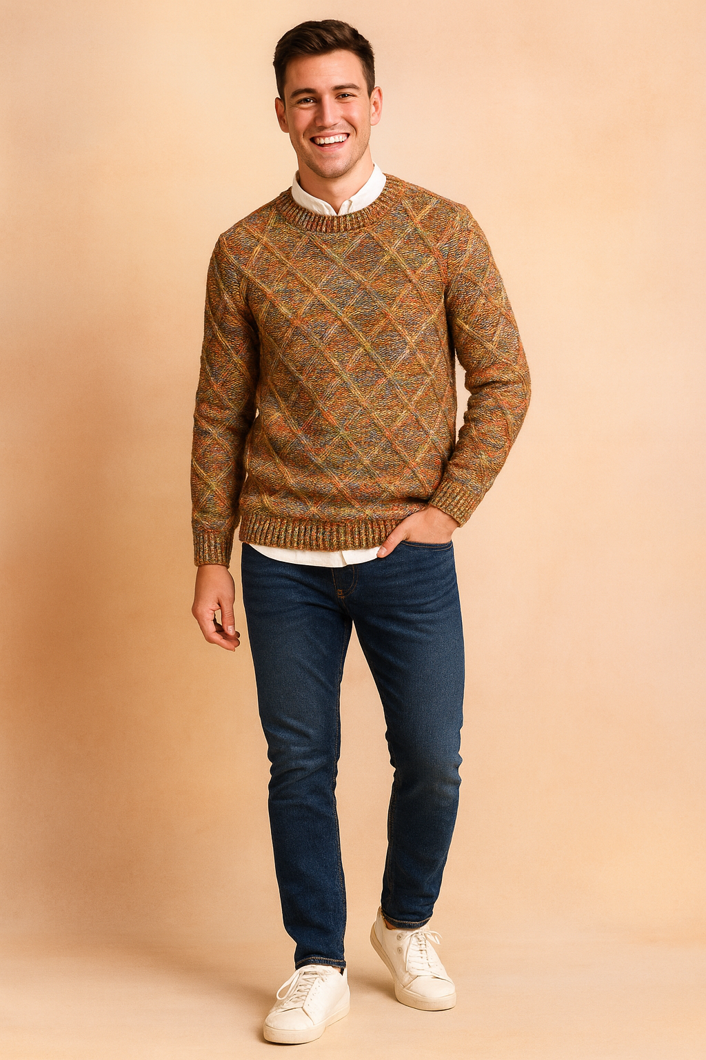 Men’s knitted sweater with multicolor diamond pattern, featuring warm orange, yellow, and earthy tones in a textured weave for a stylish and cozy autumn-winter look