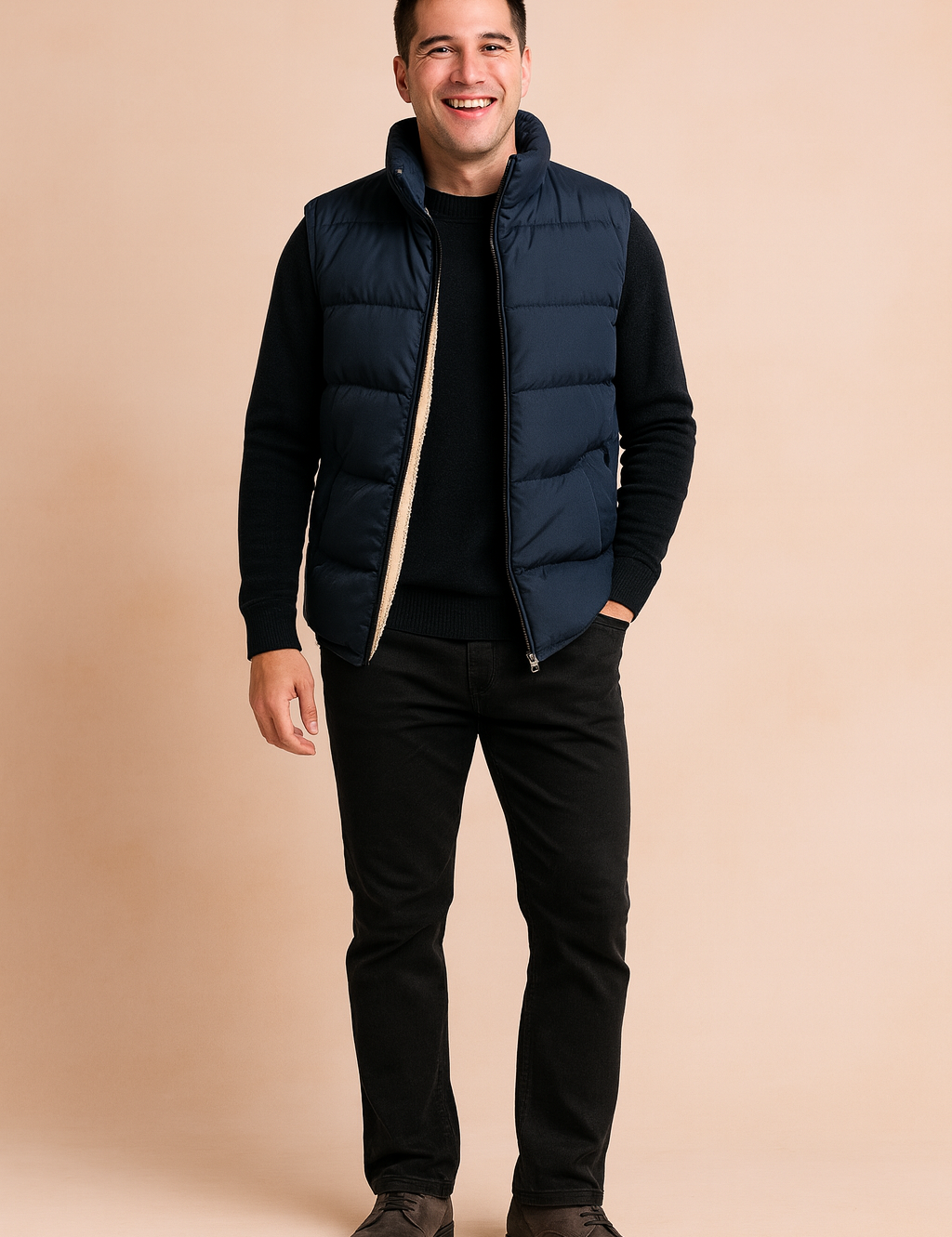 Men’s navy blue puffer vest with warm fleece lining, lightweight design and zip closure, ideal for layering in autumn and winter.